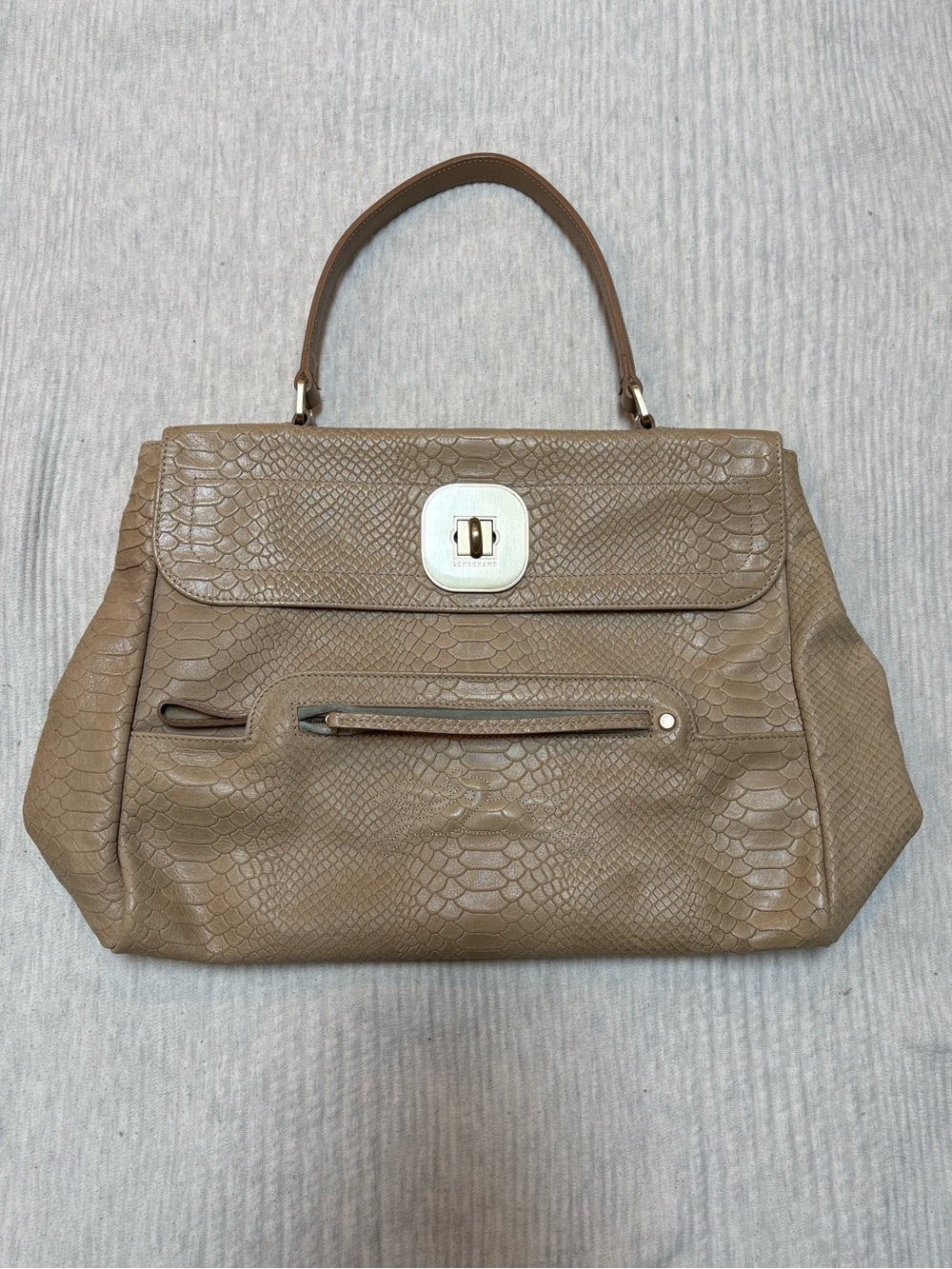 Longchamp Taupe Snake-Embossed Top-Handle Shoulder Bag with Gold Hardware